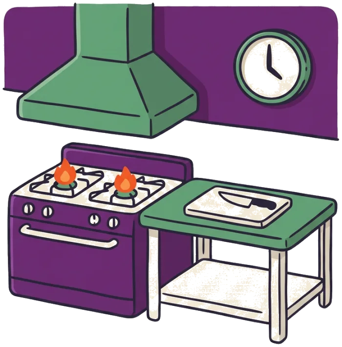Kitchen line with range and hood