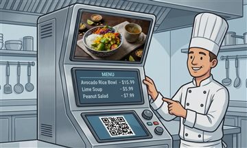 A digital menu kiosk showing an AI-photographed dish and QR code, next to a chef